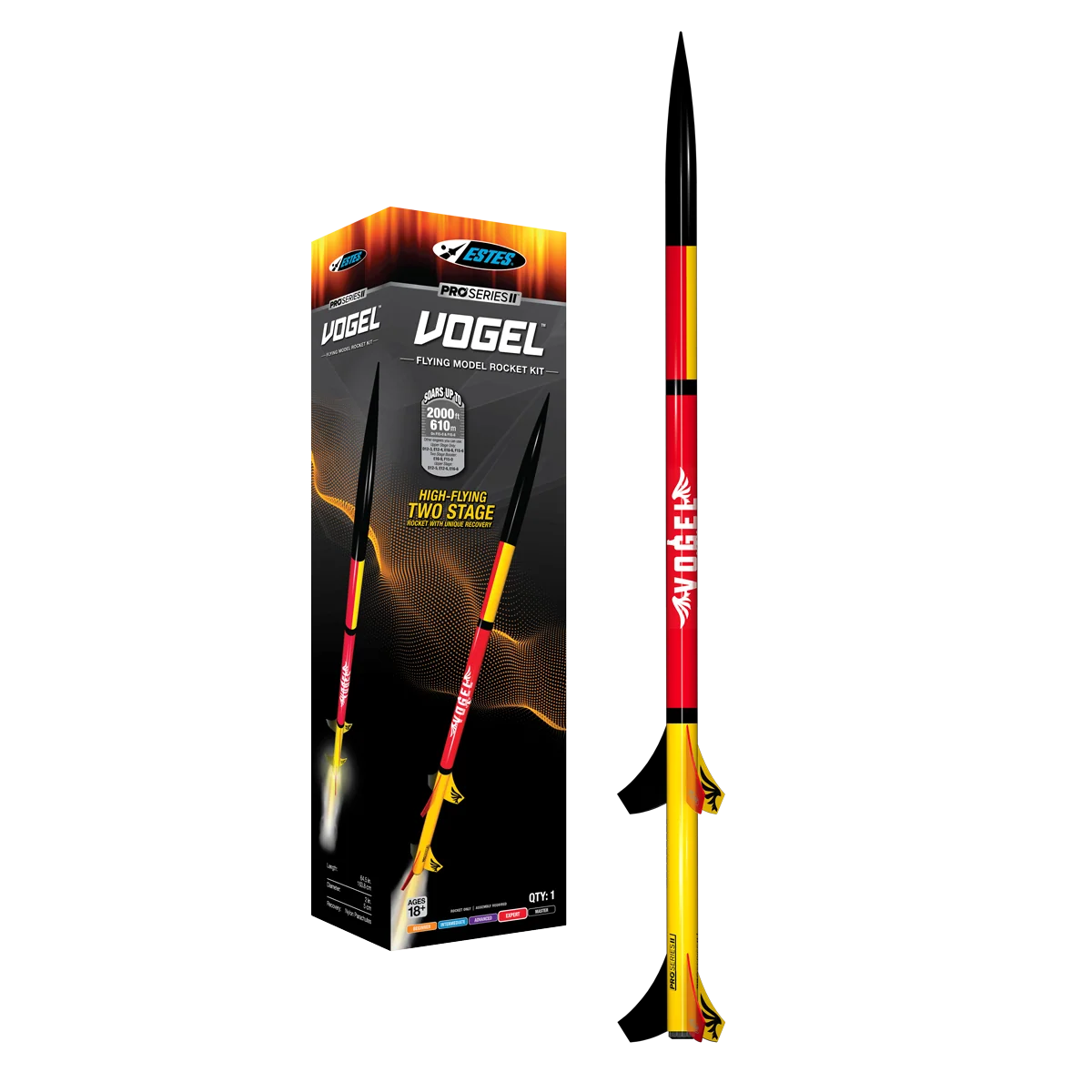 Estes Vogel Pro Series II two-stage model rocket in red, black and yellow