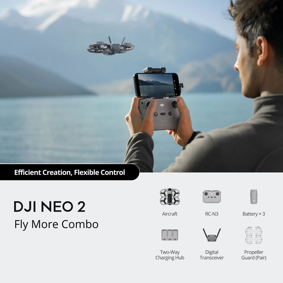 DJI Neo 2 Fly More Combo with full-coverage propeller guards, spare batteries and charging hub