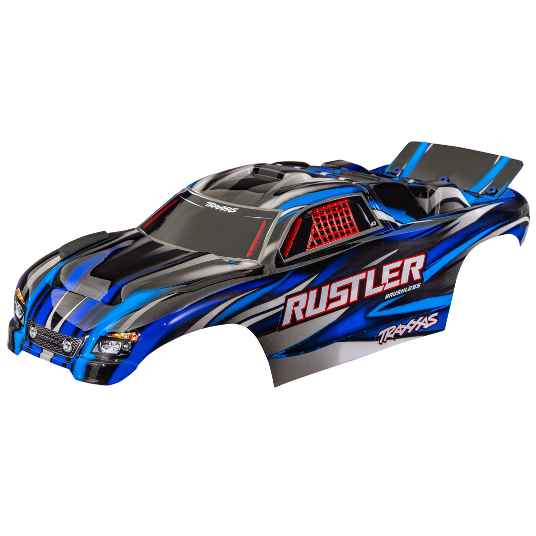 Body, Rustler 2WD Blue Clipless (painted, decals applied):  3721-BLUE