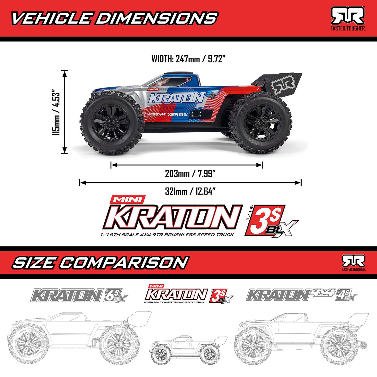 1/16 Mini KRATON 3S DSC 4X4 Brushless Speed Truck , Black/Red (Needs battery and charger):ARA250
