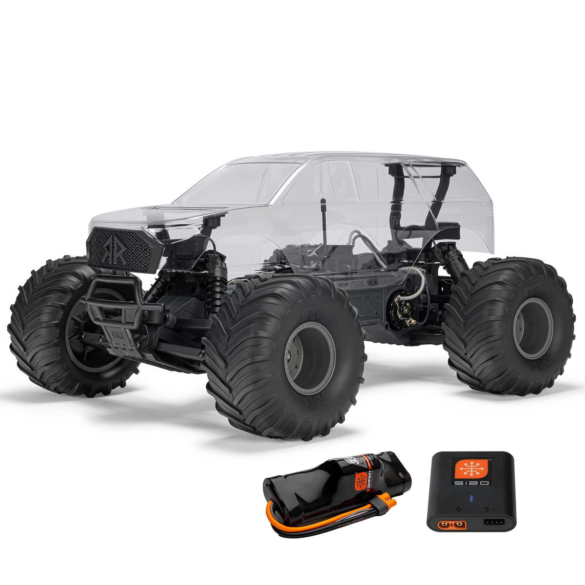 ARRMA GORGON 2WD RTA Kit Clear ARA3230SKT2, front three-quarter view with battery and charger