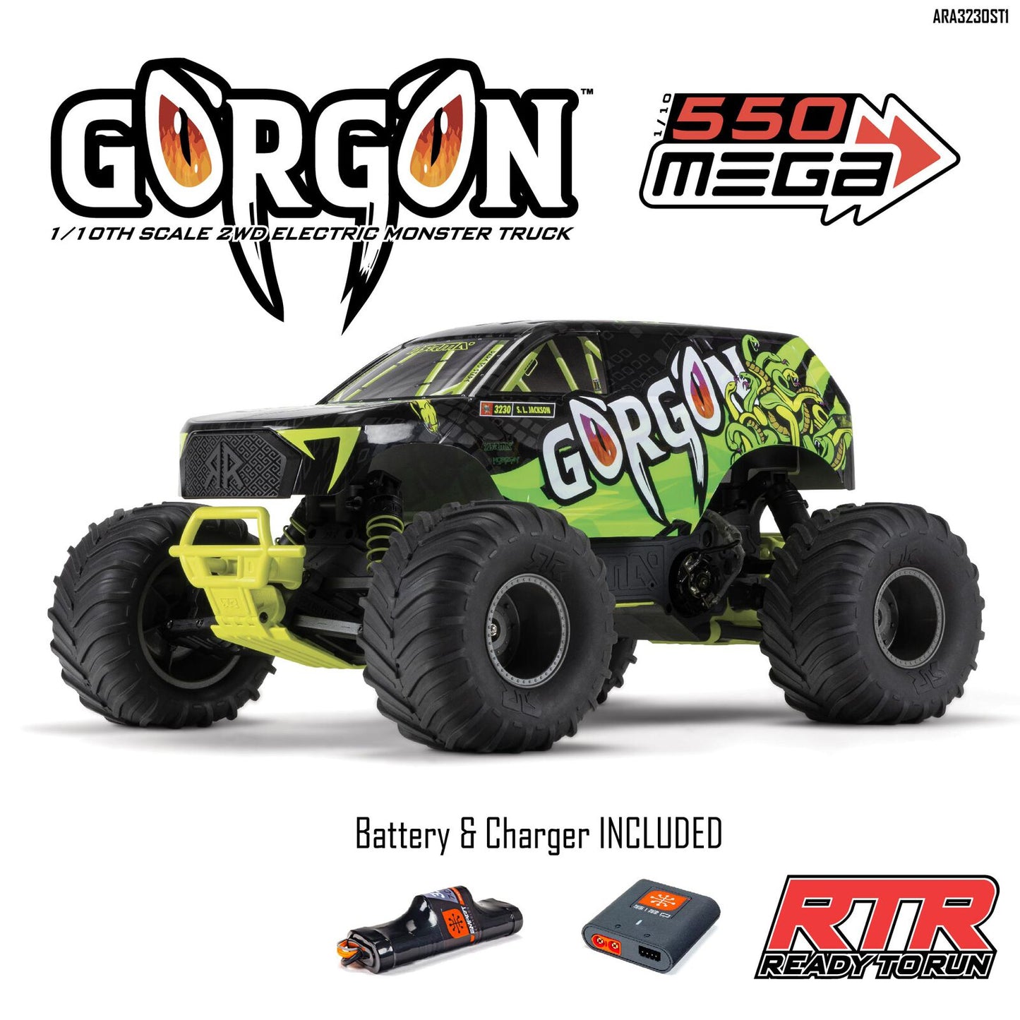 1/10 GORGON 4X2 Monster Truck (Includes battery & charger): Yellow/Green: ARA3230ST1