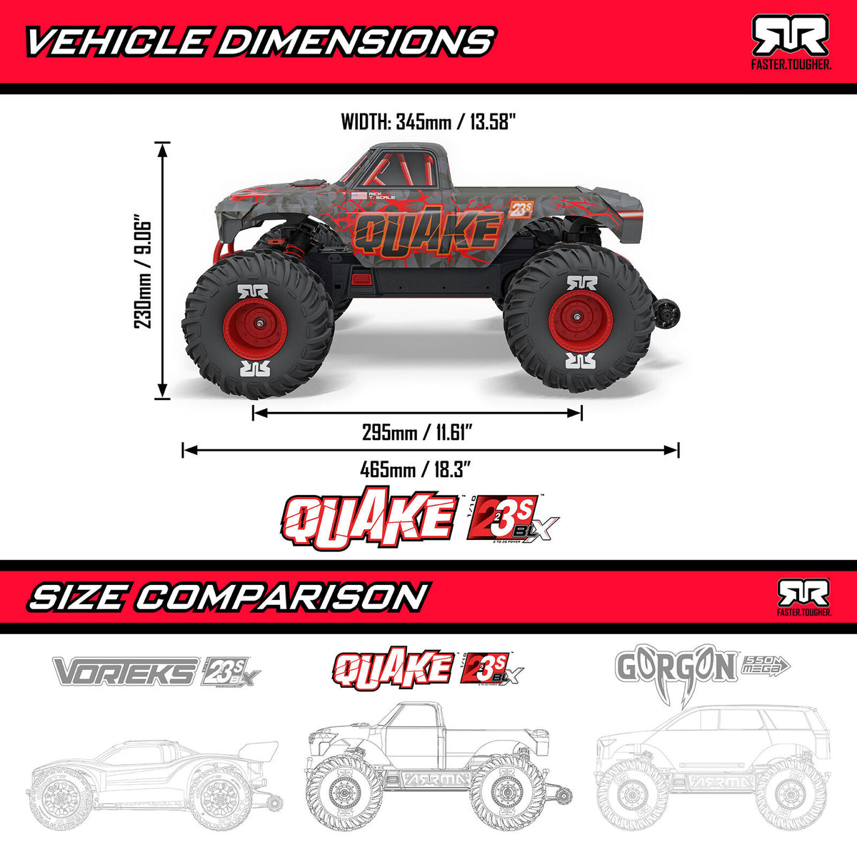 1/10 QUAKE 223S 2WD Monster Truck (Requires Battery & Charger): Red