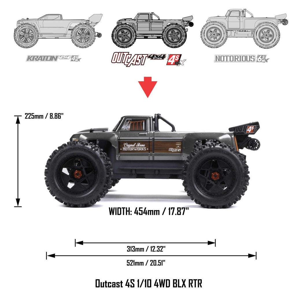 1/10 Outcast 4x4 4S BLX  Stunt truck (Requires battery & charger): GunMetal: ARA4410V2T3