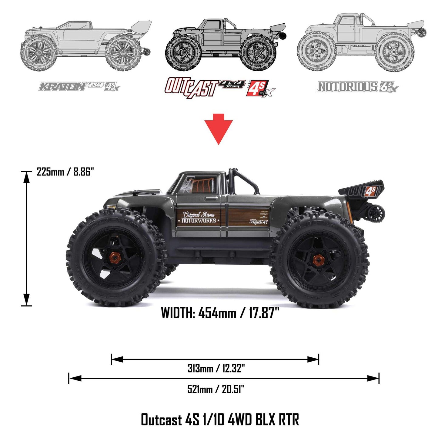 1/10 Outcast 4x4 4S BLX  Stunt truck (Requires battery & charger): GunMetal: ARA4410V2T3