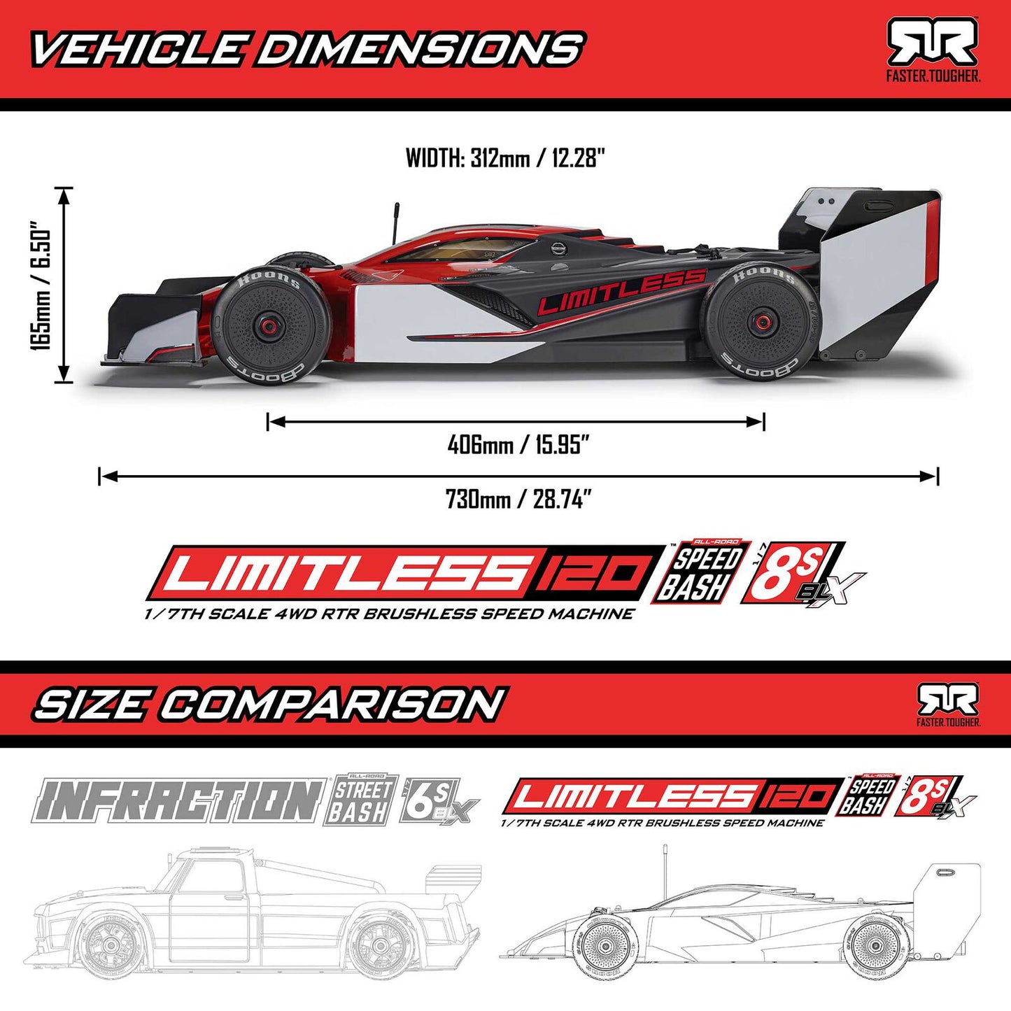 1/7 LIMITLESS 8S 4X4 RTR Red (Requires battery & charger): ARA7816T1