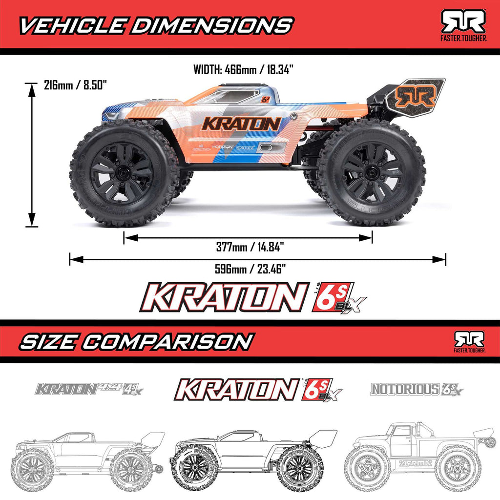 ARRMA 1/8 Kraton 6S, 4WD, BLX (Requires battery & charger): (Blue/Orange) (ARA8608V6T1)
