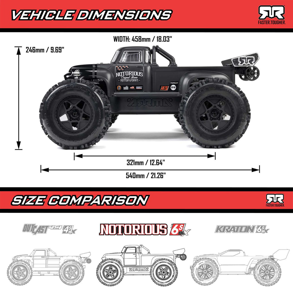 ARRMA 1/8 Notorious 6S, 4WD, BLX V6 Stunt Truck (Requires battery & charger): Blue (ARA8611V6T2)