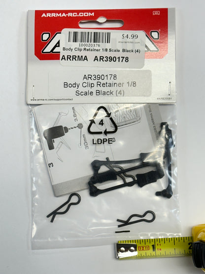 Body Clip Retainer 1/8 Scale Black (4): ARAC3447
