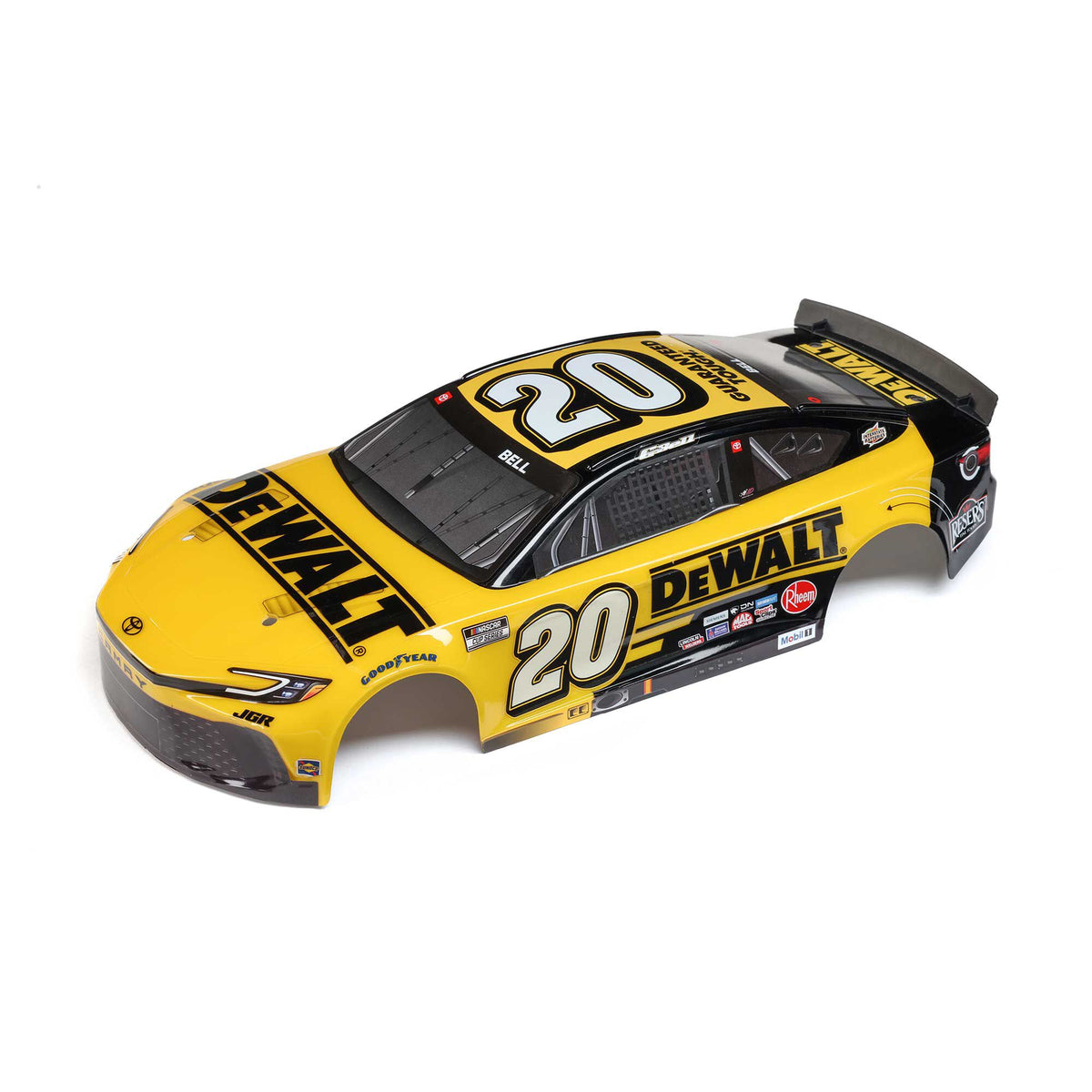 Losi Christopher Bell #20 DeWalt 2025 NASCAR GROM body LOS-2788, front three-quarter view