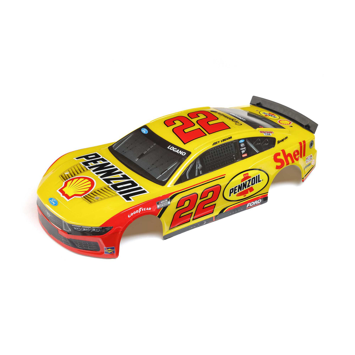 Losi Joey Logano #22 Shell 2025 NASCAR GROM body LOS-2789, front three-quarter view