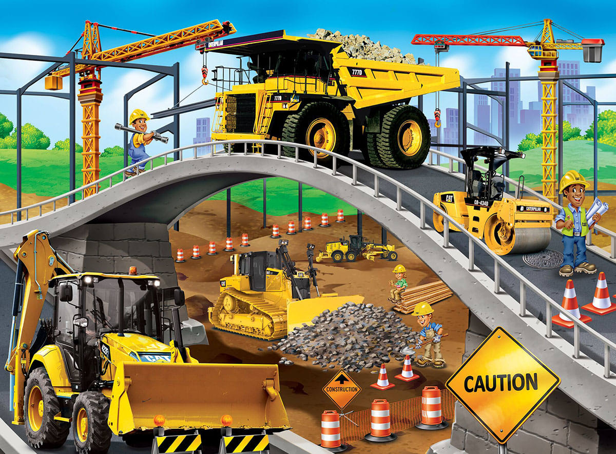 Caterpillar Construction Vehicles Under Bridge  Puzzle (60pc)