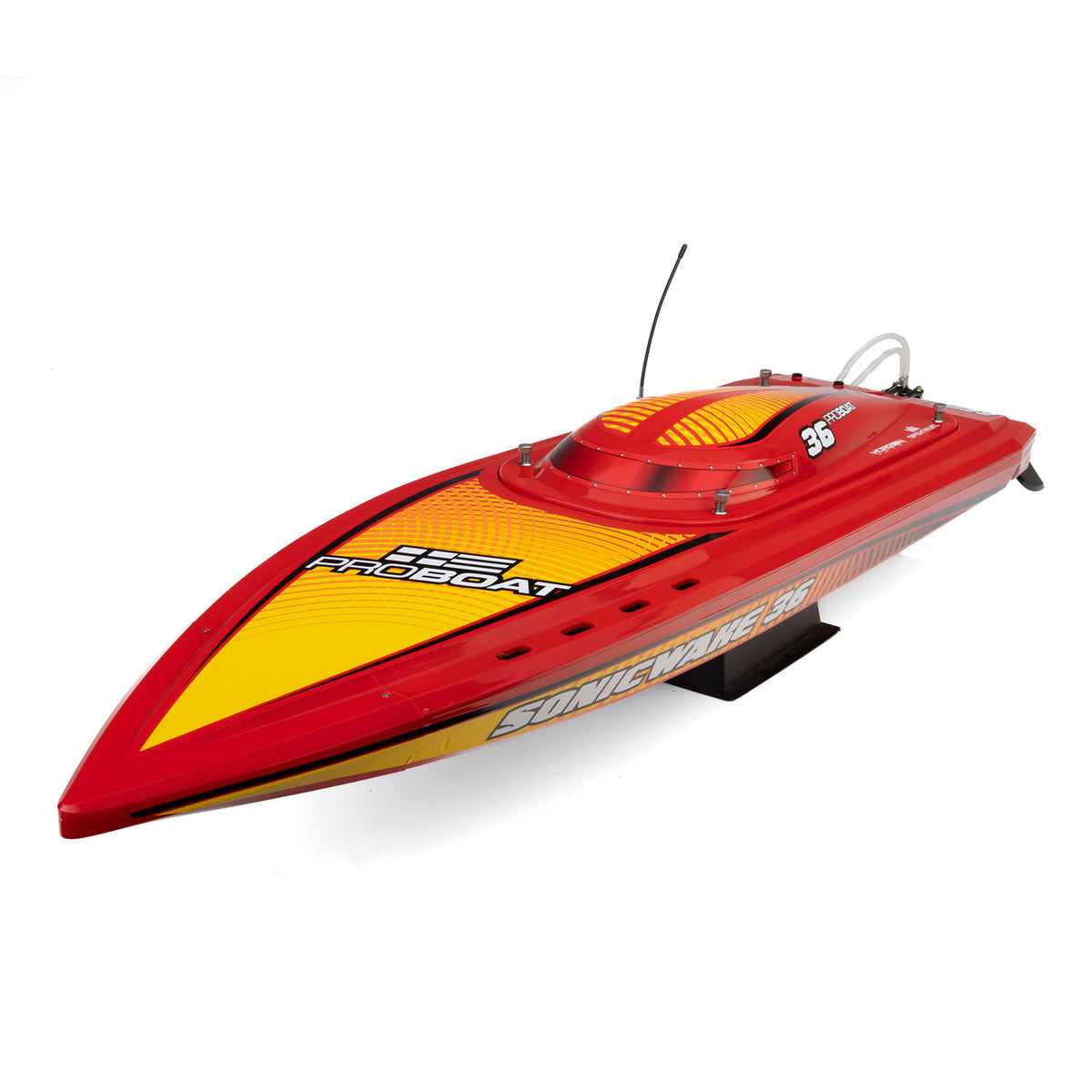 Pro Boat Sonicwake 36 V3 self-righting deep-V RTR, red, PRB-2171T2, front three-quarter view on stand