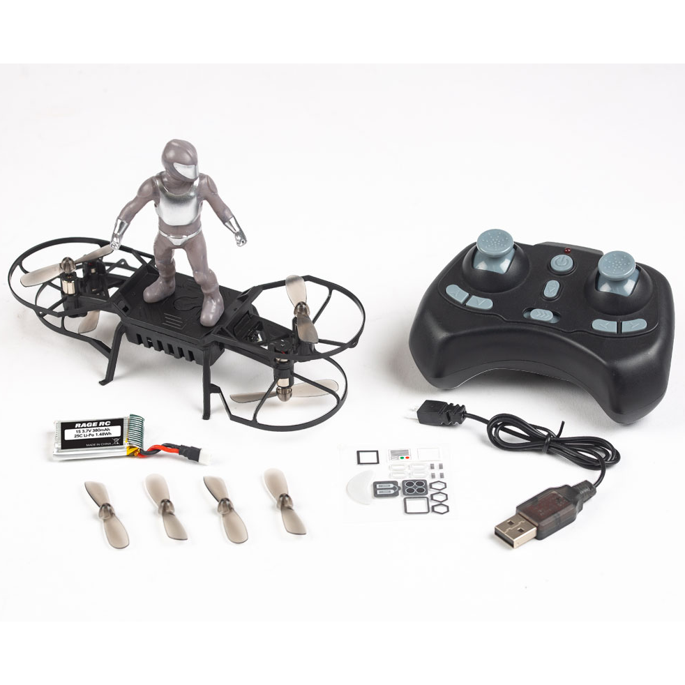 Rage R/C AeroBoard RTF drone, Silver Robot, with transmitter, battery and accessories