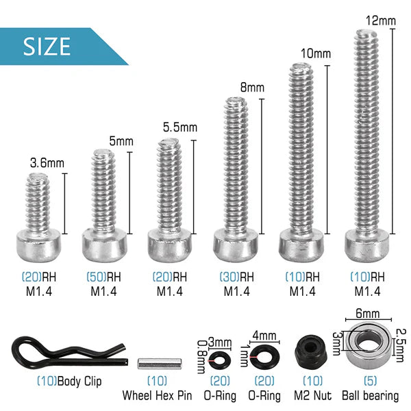White Box w/M1.4 Screws M2 Nuts, Bearings, O-rings Screw Kit