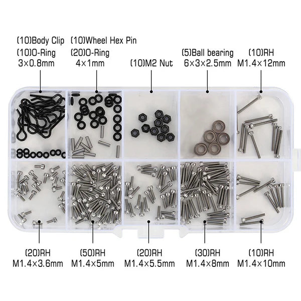 White Box w/M1.4 Screws M2 Nuts, Bearings, O-rings Screw Kit