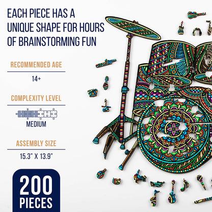 Colorful Drum Set Wooden Puzzle, 200 Pcs