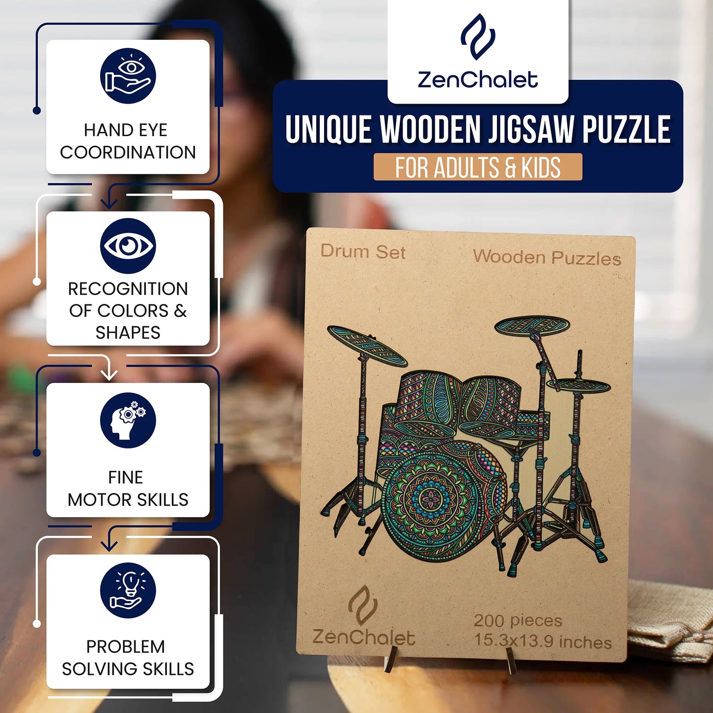 Colorful Drum Set Wooden Puzzle, 200 Pcs