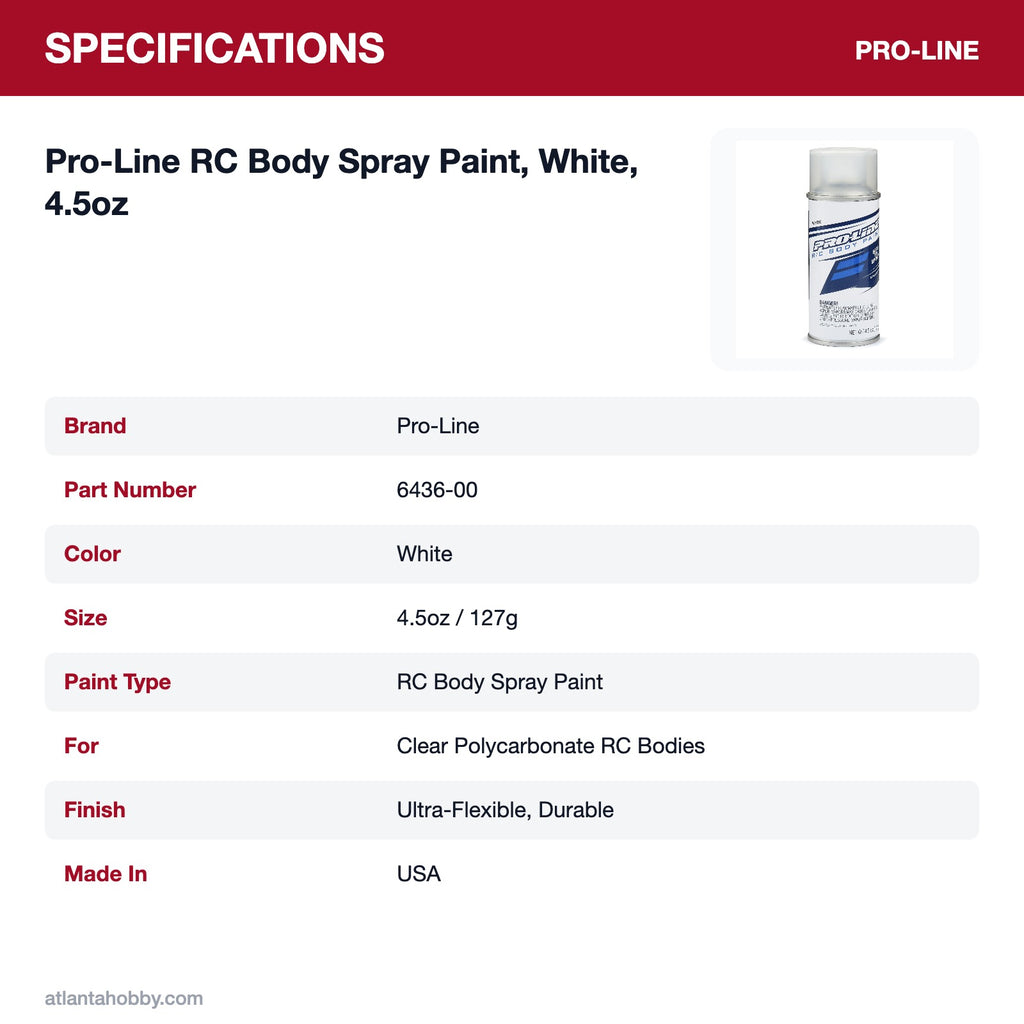 Pro-Line RC Body Spray Paint, White, 4.5oz specifications
