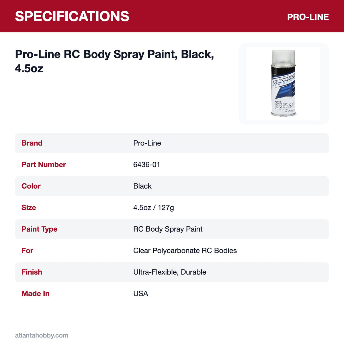 Pro-Line RC Body Spray Paint, Black, 4.5oz specifications