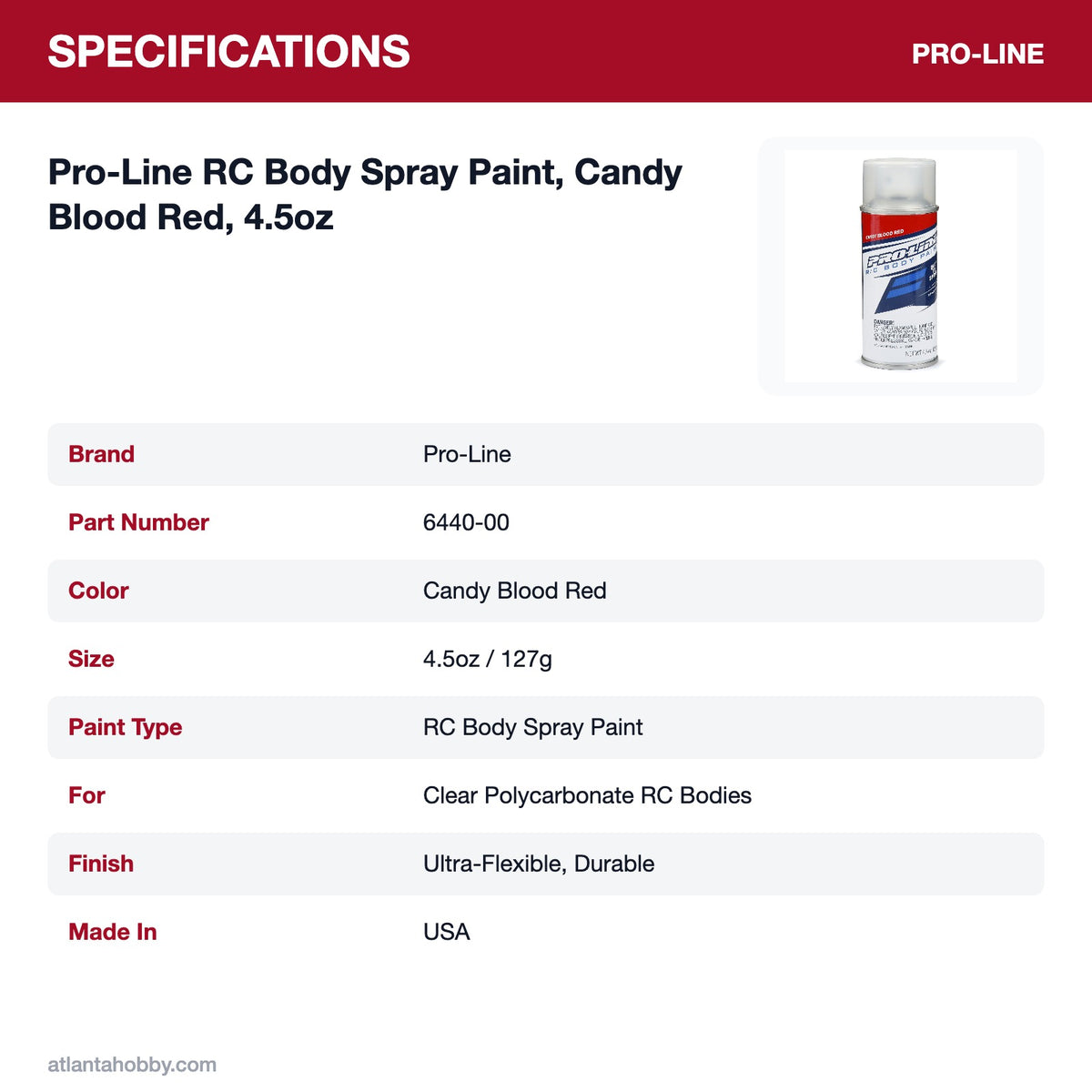 Pro-Line RC Body Spray Paint, Candy Blood Red, 4.5oz specifications