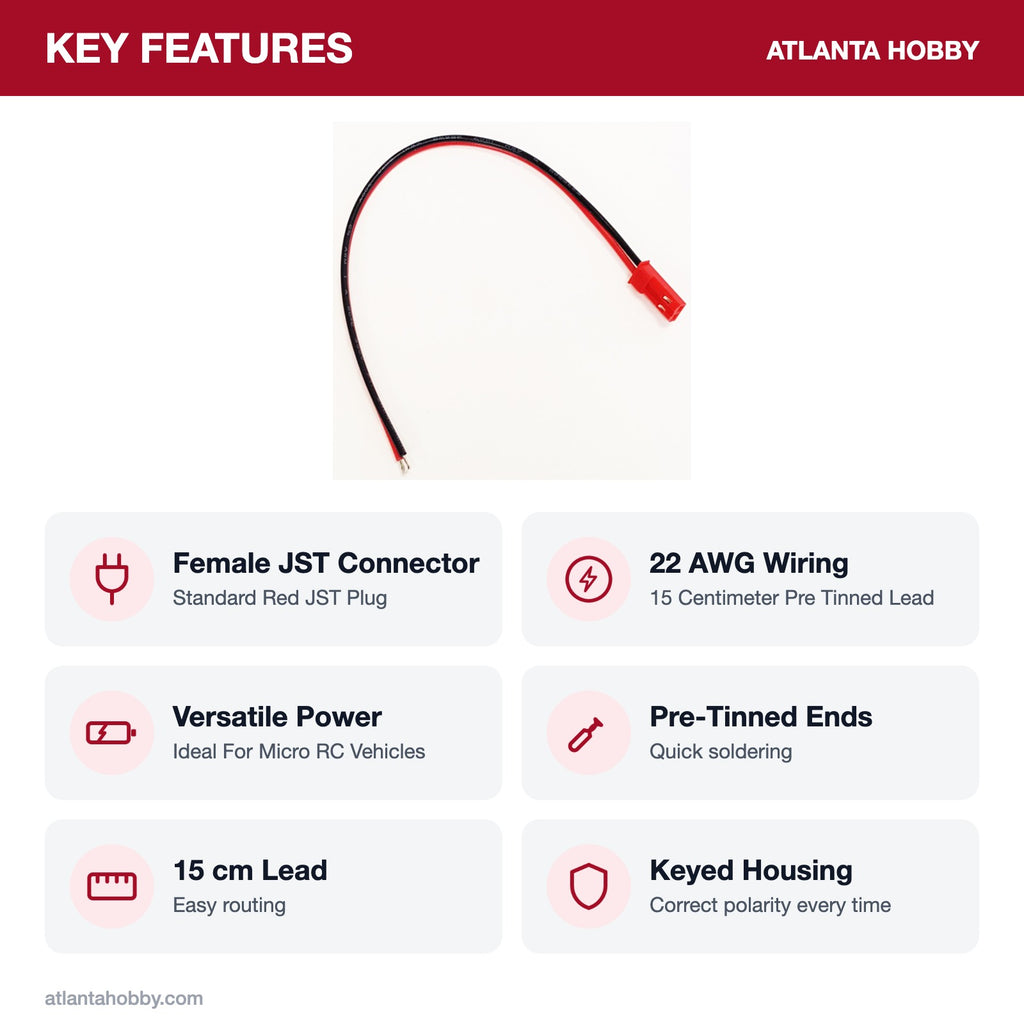 Female JST connector with 22 AWG lead key features