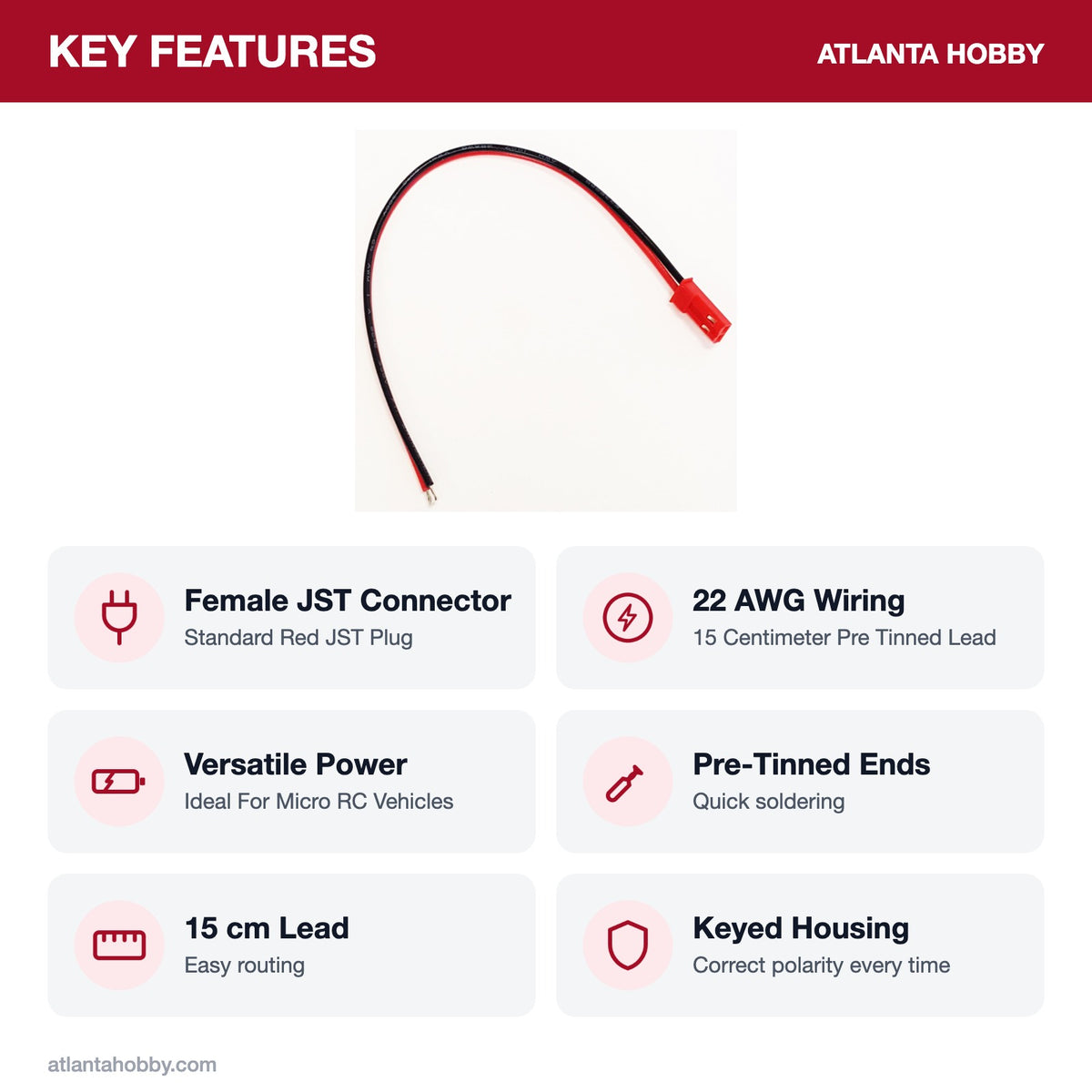 Female JST connector with 22 AWG lead key features