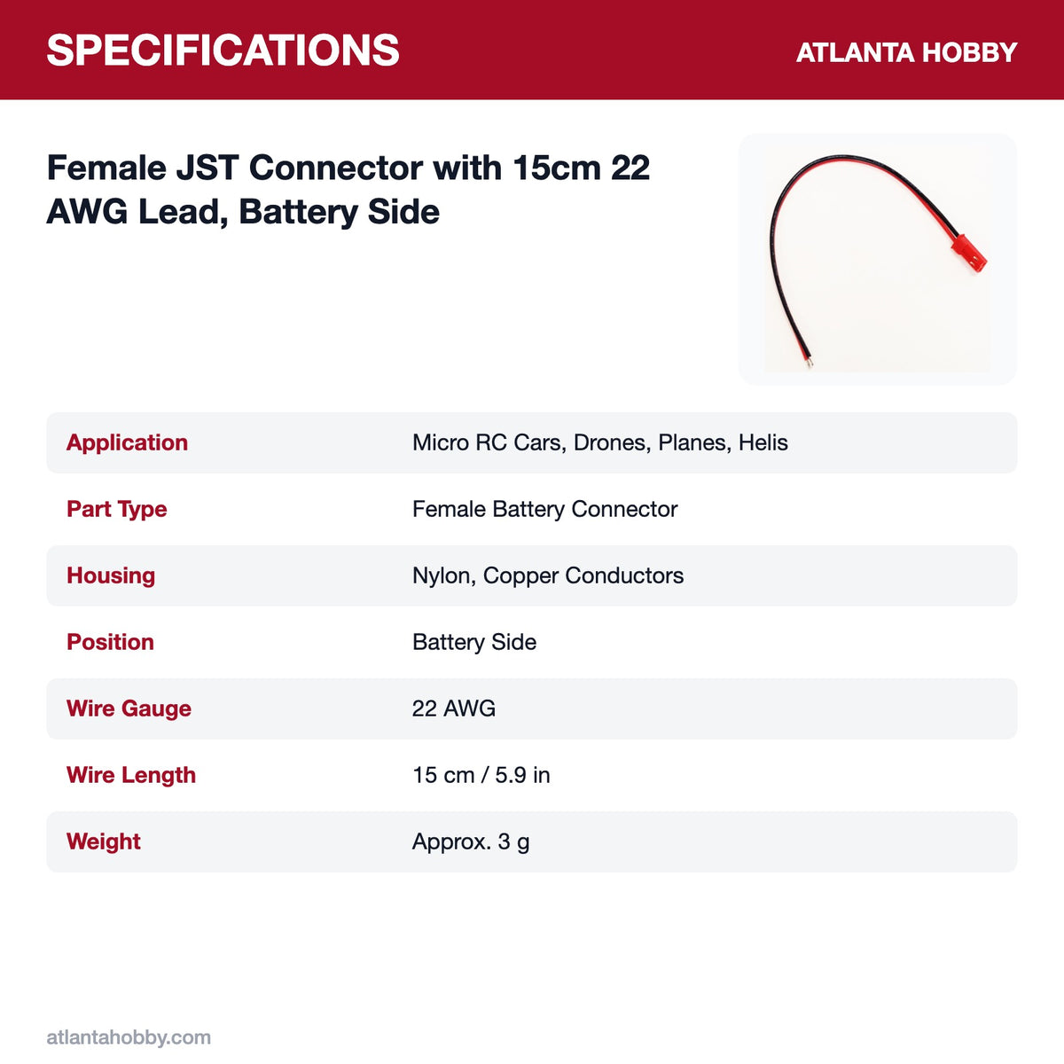 Female JST connector with 22 AWG lead specifications