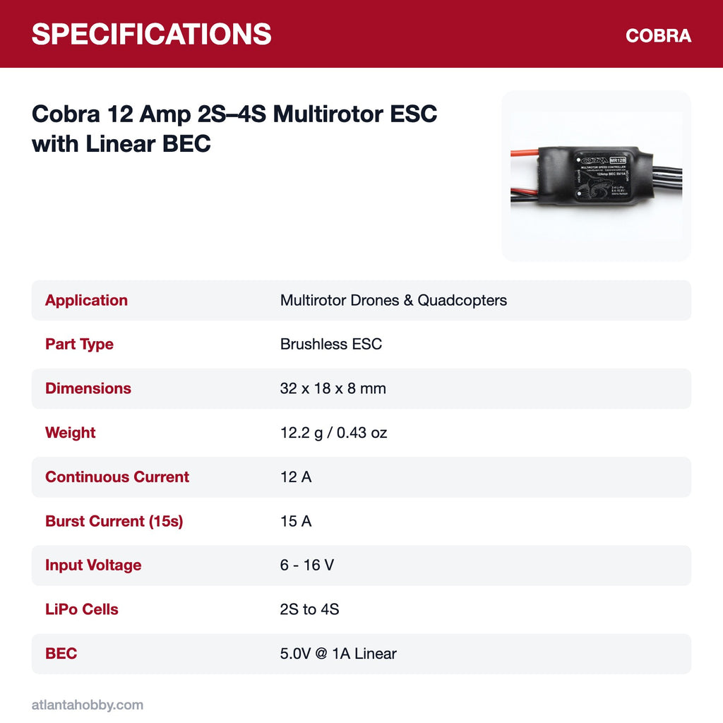 Cobra 12 Amp multirotor ESC specifications