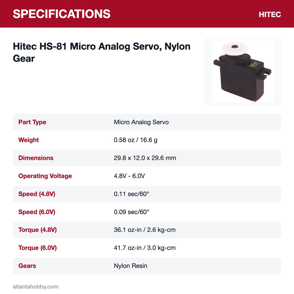 Hitec HS-81 Micro Analog Servo specifications