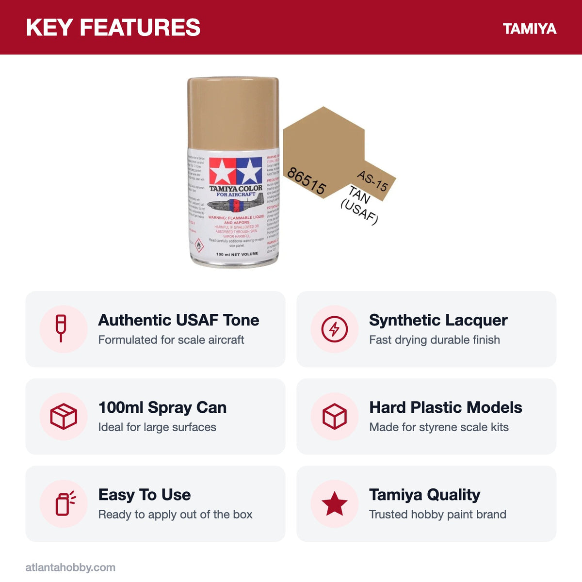 Tamiya AS-15 Tan Aircraft Spray Paint, 100ml key features