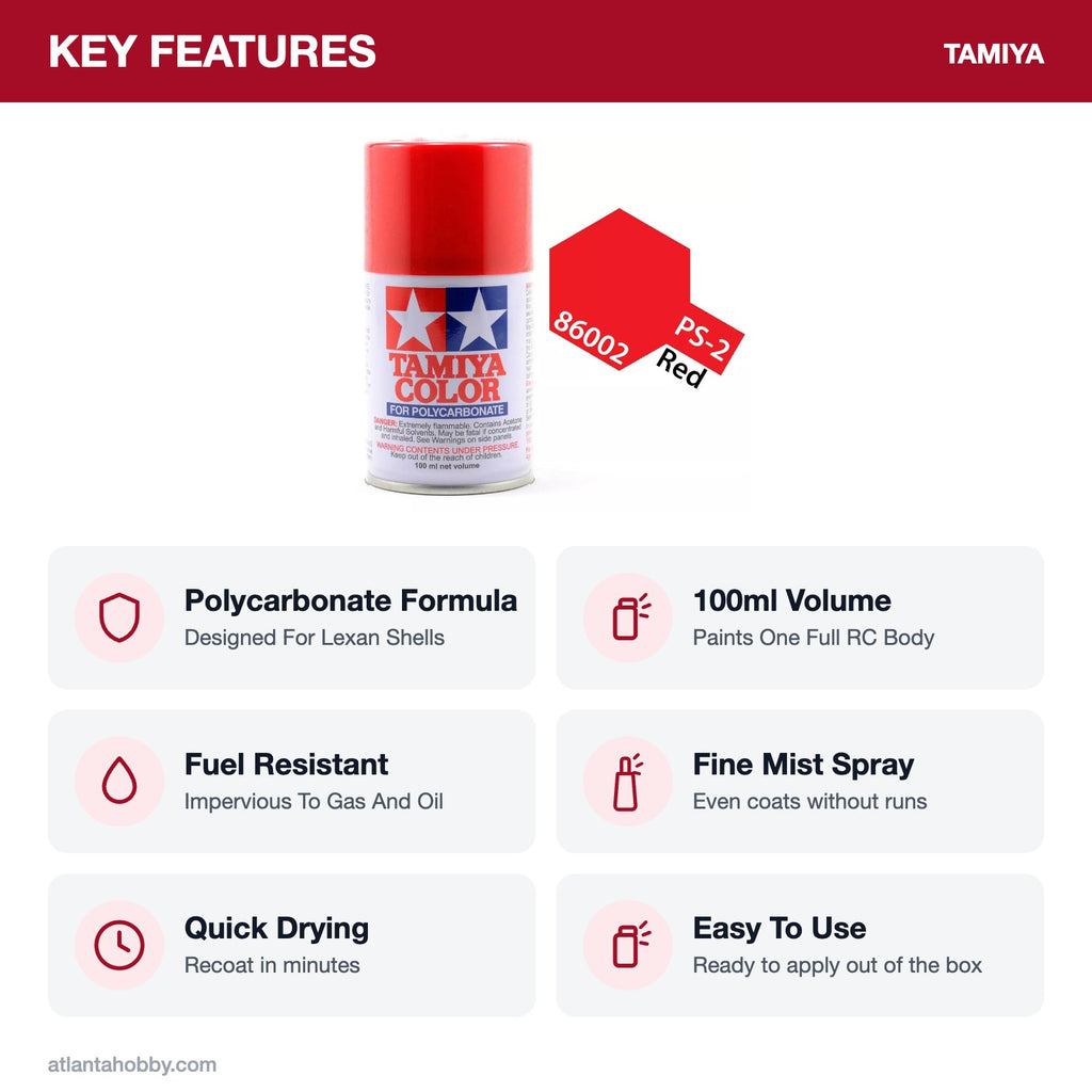Tamiya PS-2 Red Polycarbonate Spray Paint, 100ml key features