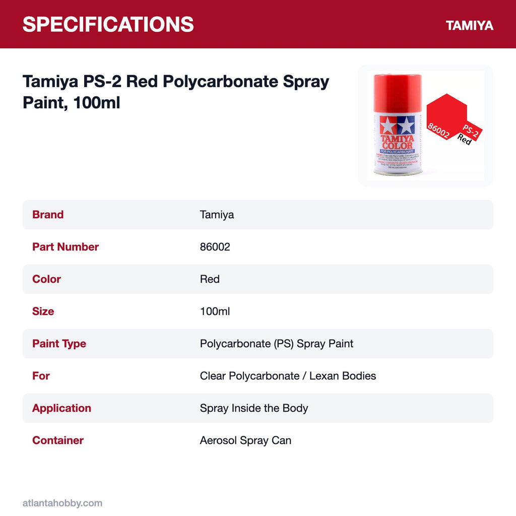 Tamiya PS-2 Red Polycarbonate Spray Paint, 100ml specifications