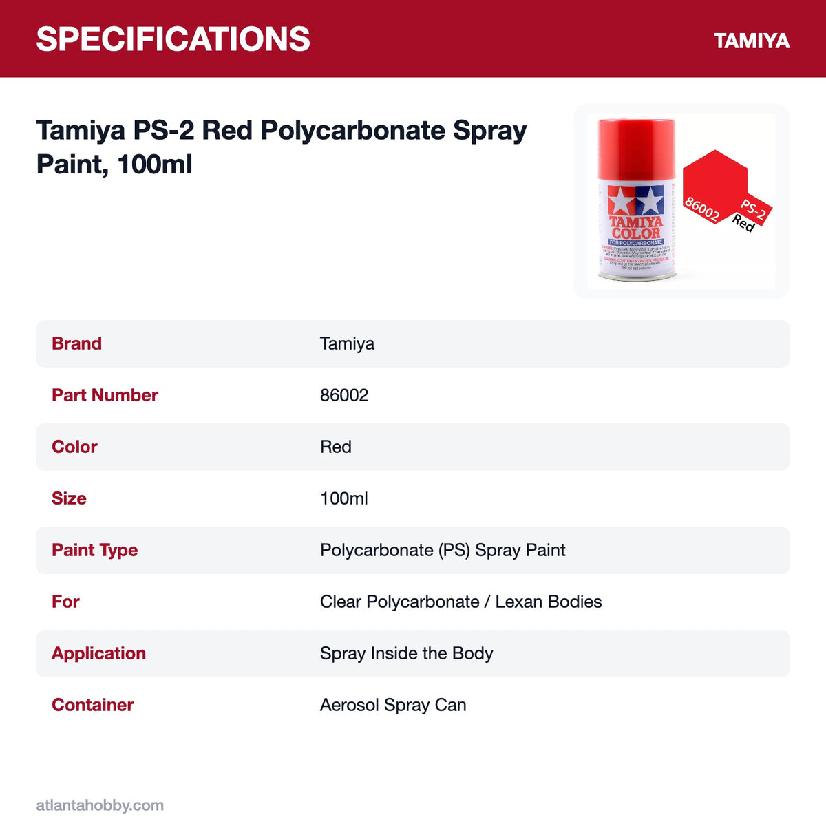 Tamiya PS-2 Red Polycarbonate Spray Paint, 100ml specifications