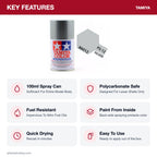 Tamiya PS-12 Silver Polycarbonate Spray Paint, 100ml key features