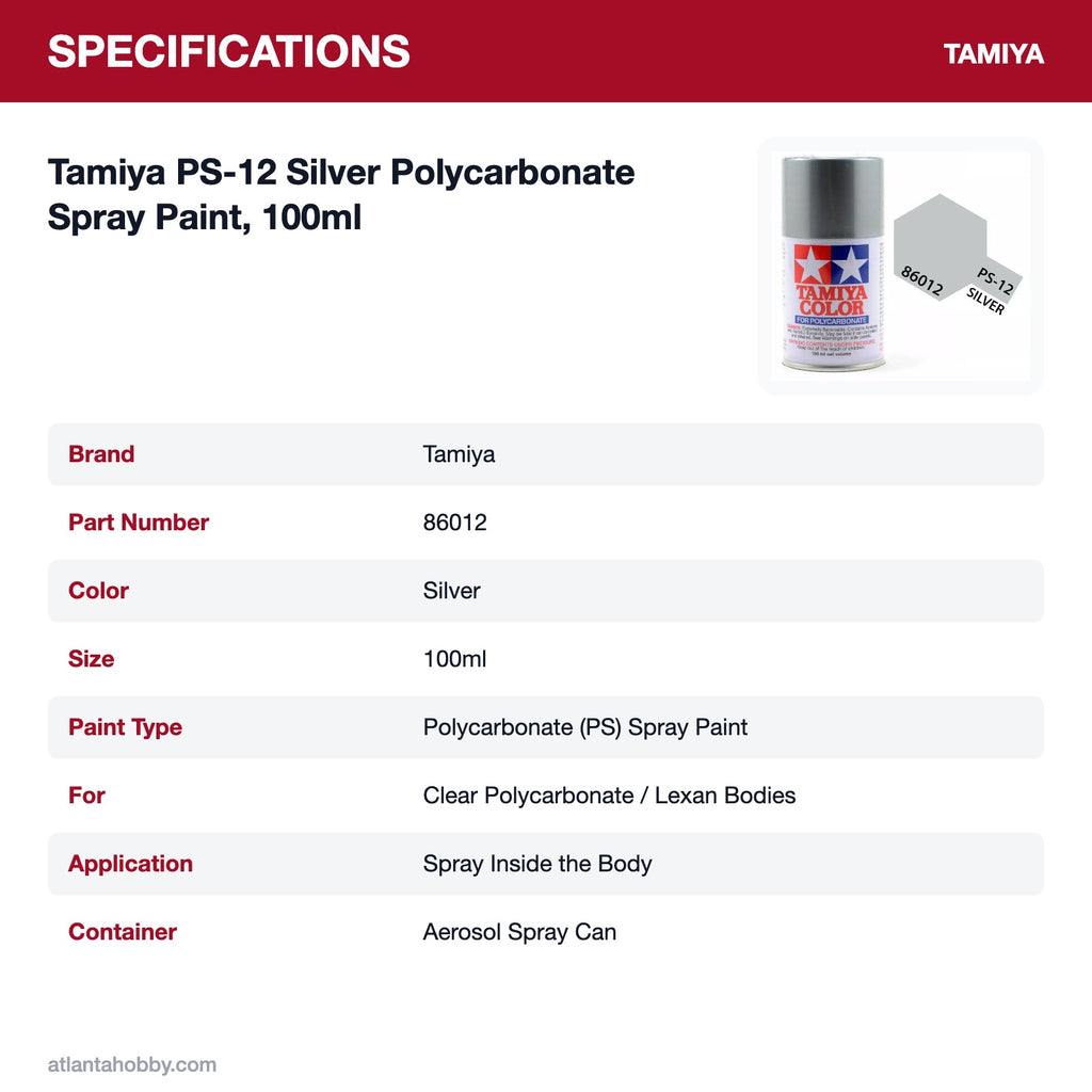 Tamiya PS-12 Silver Polycarbonate Spray Paint, 100ml specifications