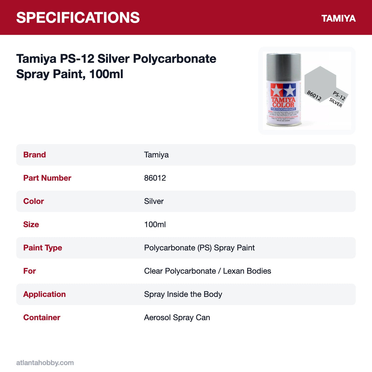 Tamiya PS-12 Silver Polycarbonate Spray Paint, 100ml specifications