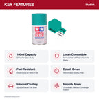 Tamiya PS-54 Cobalt Green Polycarbonate Spray Paint, 100ml key features
