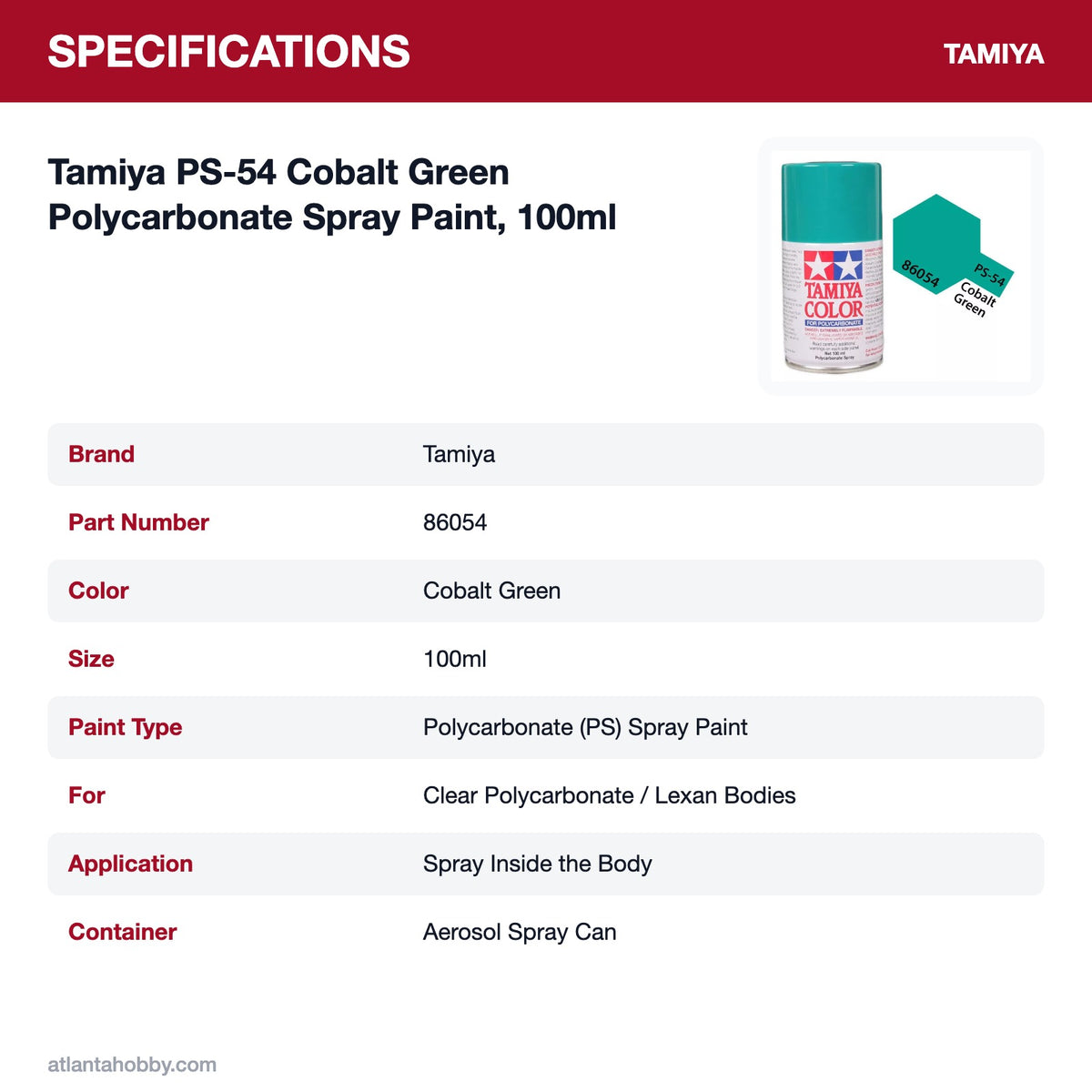 Tamiya PS-54 Cobalt Green Polycarbonate Spray Paint, 100ml specifications