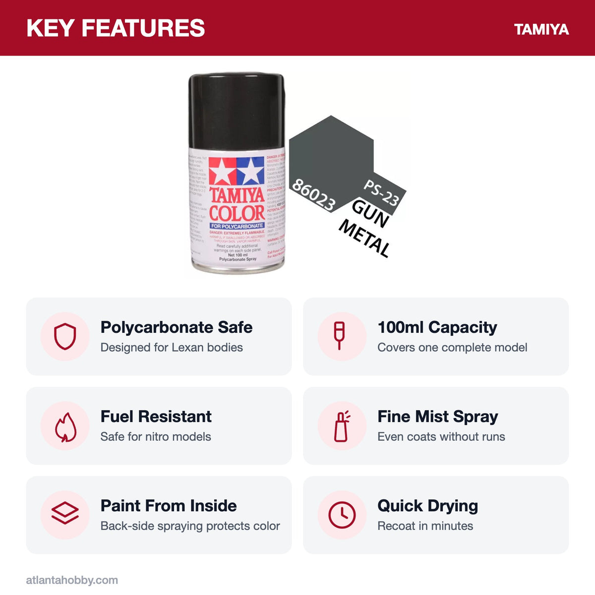 Tamiya PS-23 Gun Metal Polycarbonate Spray Paint, 100ml key features