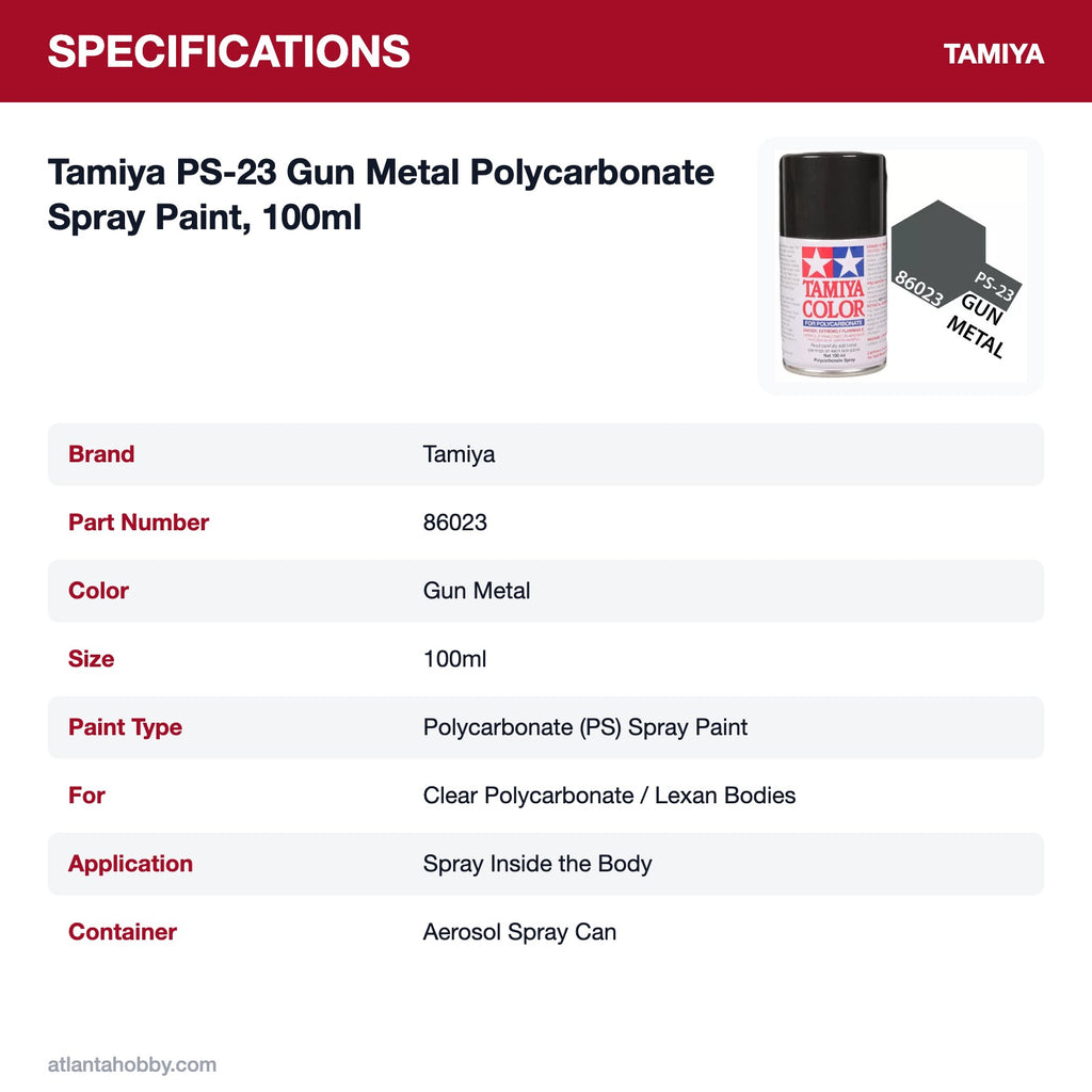 Tamiya PS-23 Gun Metal Polycarbonate Spray Paint, 100ml specifications