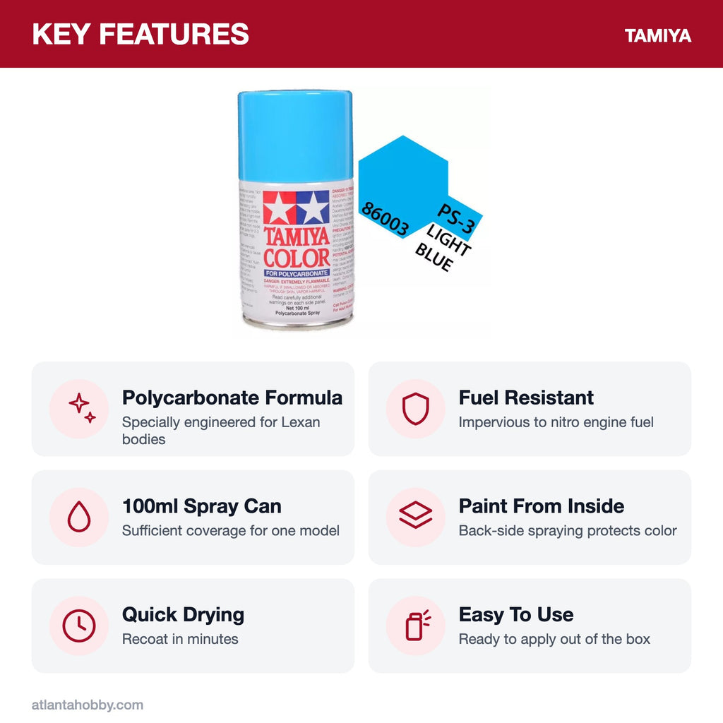 Tamiya PS-3 Light Blue Polycarbonate Spray Paint, 100ml key features