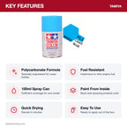 Tamiya PS-3 Light Blue Polycarbonate Spray Paint, 100ml key features