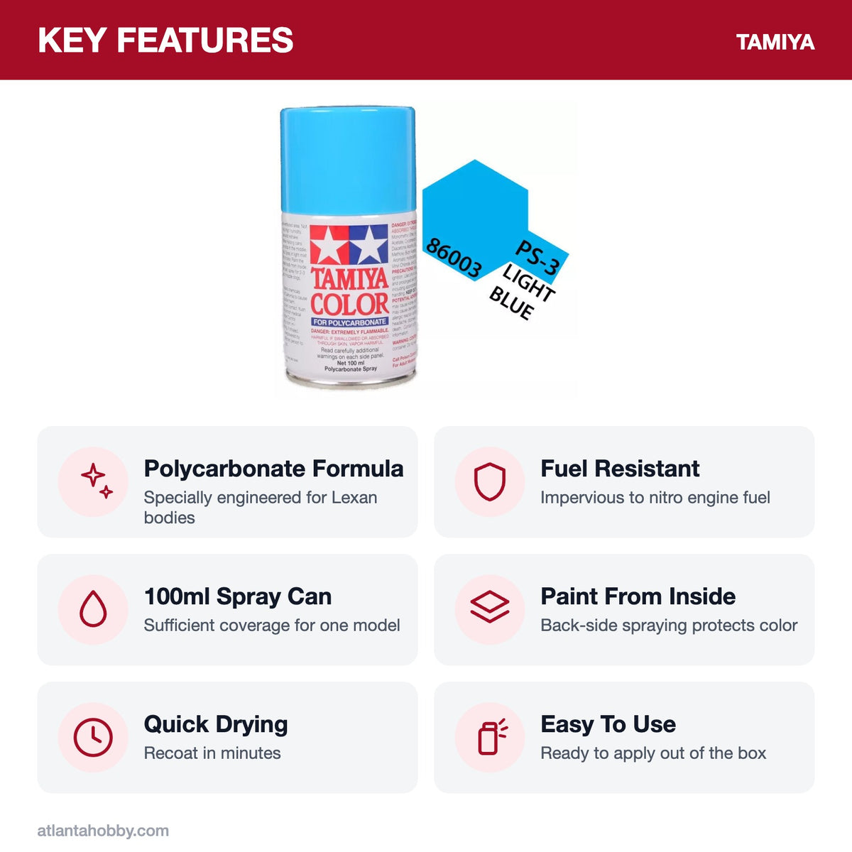 Tamiya PS-3 Light Blue Polycarbonate Spray Paint, 100ml key features