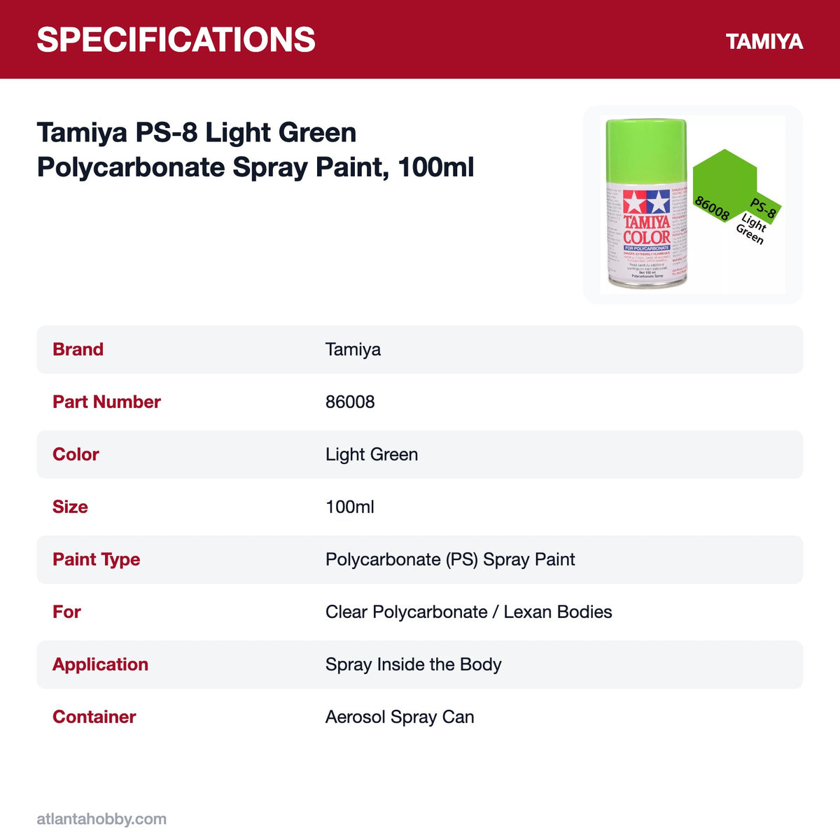 Tamiya PS-8 Light Green Polycarbonate Spray Paint, 100ml specifications