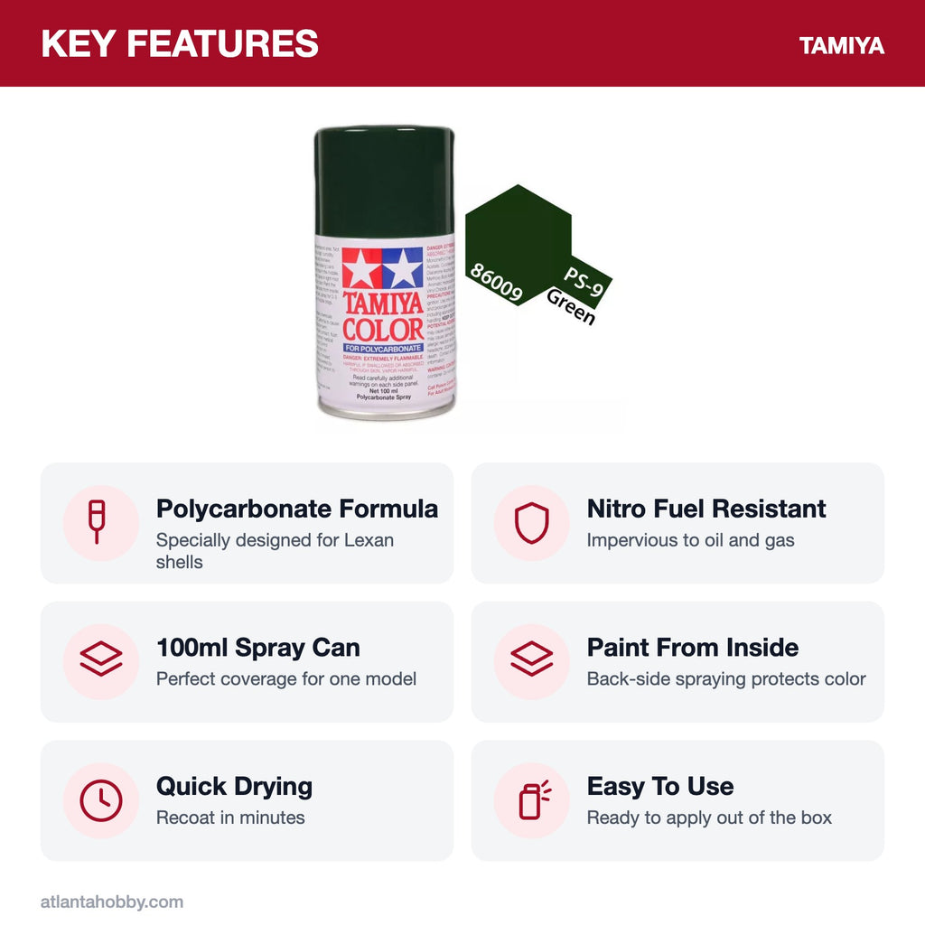 Tamiya PS-9 Green Polycarbonate Spray Paint, 100ml key features
