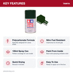 Tamiya PS-9 Green Polycarbonate Spray Paint, 100ml key features