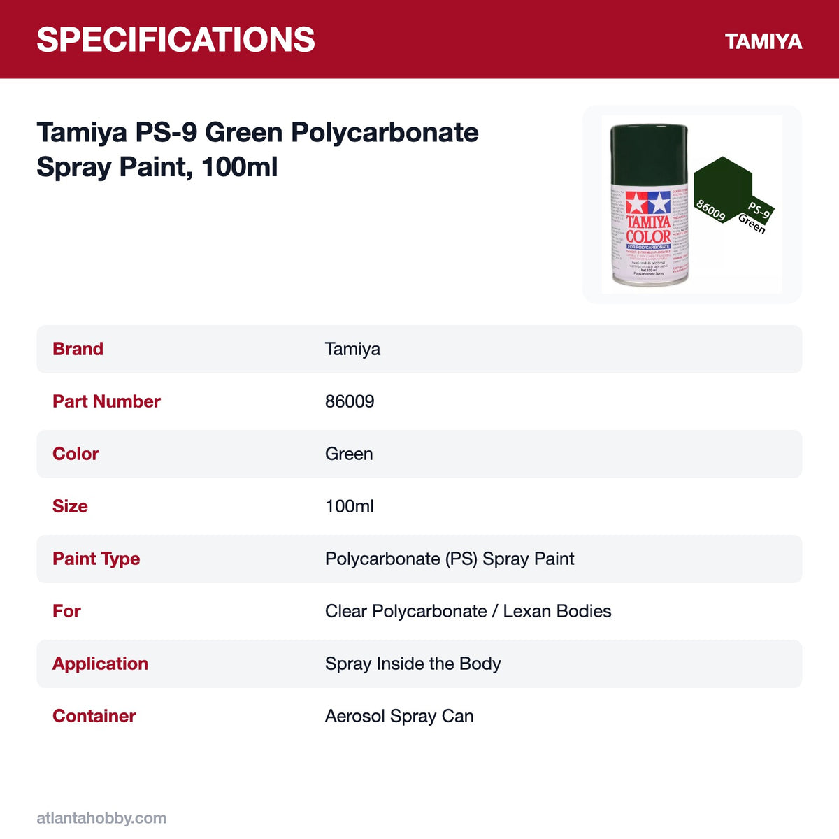 Tamiya PS-9 Green Polycarbonate Spray Paint, 100ml specifications