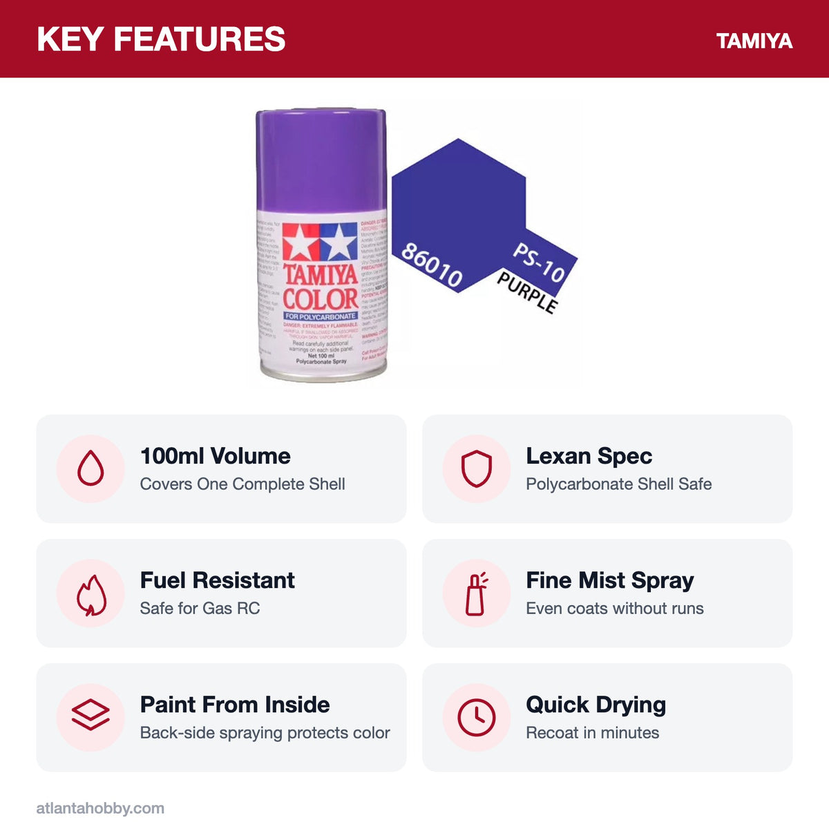 Tamiya PS-10 Purple Polycarbonate Spray Paint, 100ml key features