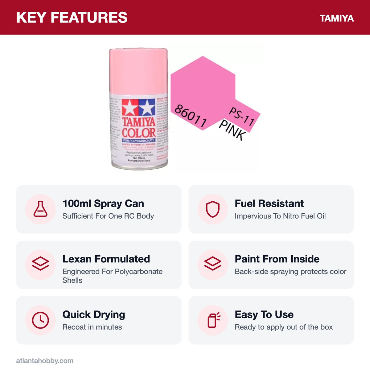 Tamiya PS-11 Pink Polycarbonate Spray Paint, 100ml key features